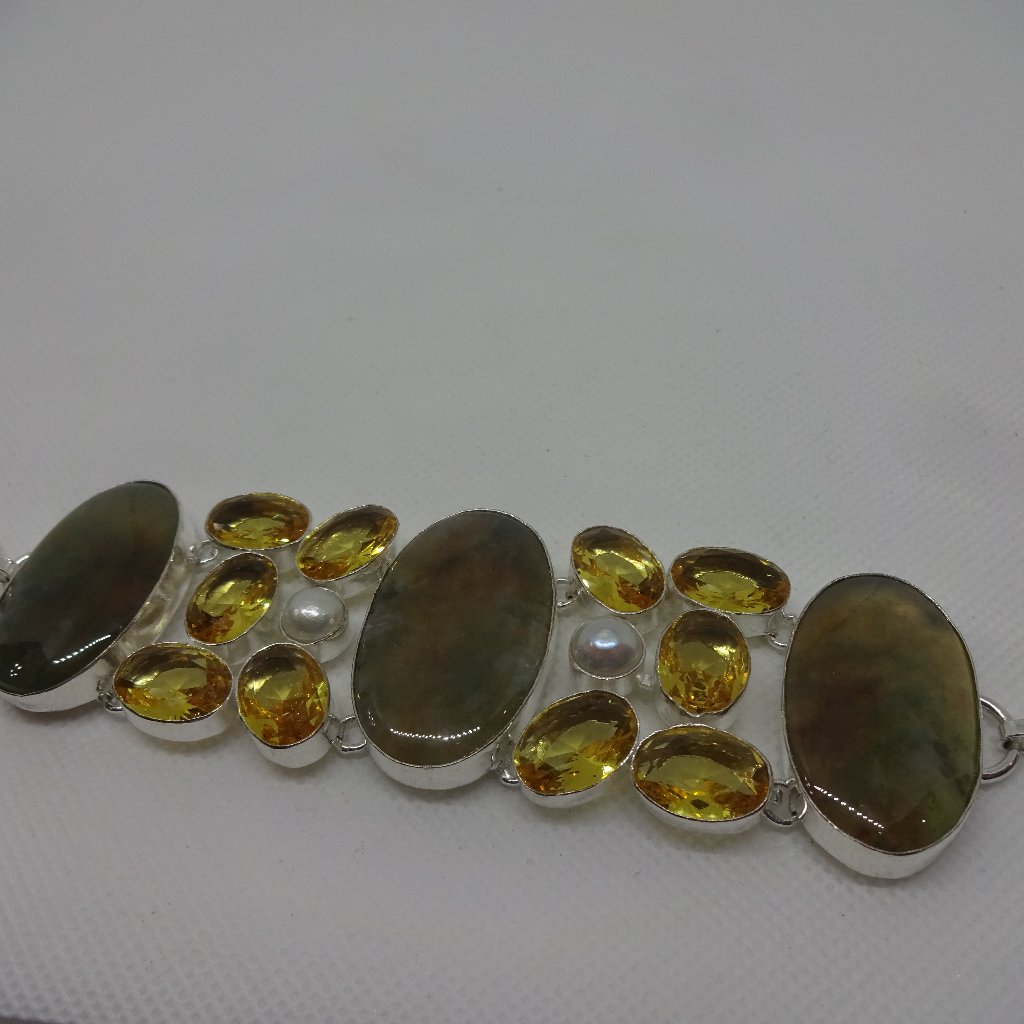 Gorgeous Moss Agate Citrine Pearl Handmade Sterling Bracelet 75 928 32$